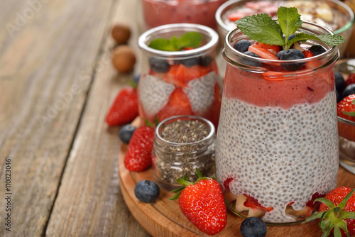 Chia pudding with strawberries and blueberries