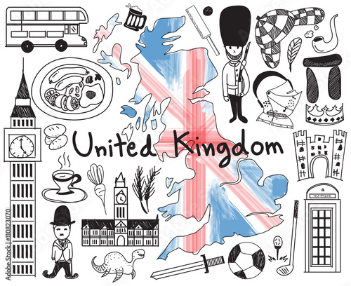 Travel to United kingdom England and Scotland doodle drawing icon with culture, costume, landmark and cuisine tourism concept in isolated background. Vector 
