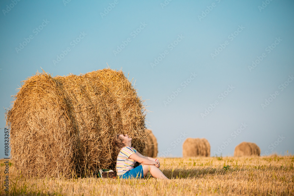 Beautiful Plus Size Young Woman In Shirt Sit Near Hay Bales In S Beautiful Plus Size Young Woman In Shirt Sit Near Hay Bales In S