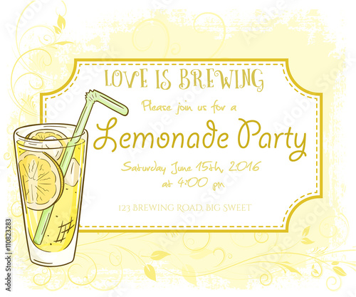 vector hand drawn lemonade party invitation card, vintage frame, glass and leaves