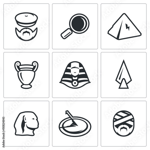 Vector Set of Egypt Icons. Archaeology, Search, Research, Monument, Craft, Treasure, Weapon, Time, Shrine.