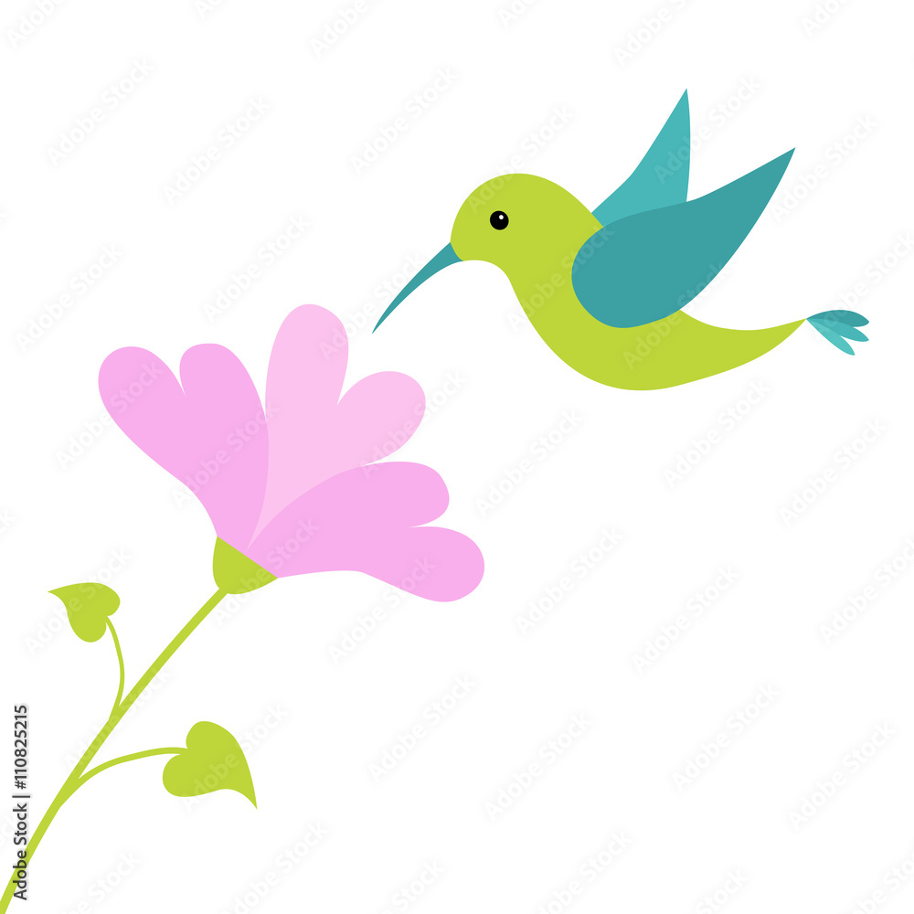 Flying colibri bird and heart flower. Cute cartoon character. Hummingbird. Isolated White background. Baby kids illustration collection. Love greeting card.  Flat design.