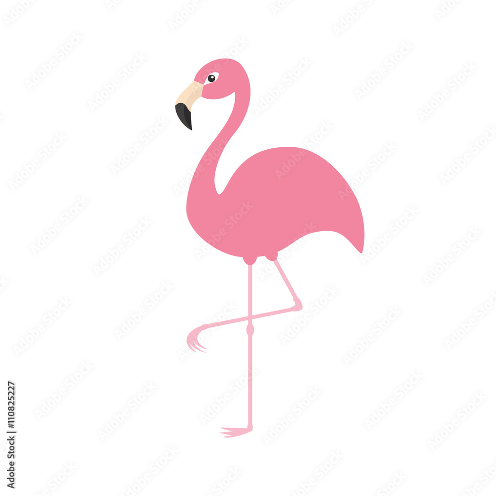 Pink flamingo on one leg. Exotic tropical bird. Zoo animal collection. Cute cartoon character. Decoration element. Flat design. White background. Isolated. Pink flamingo on one leg. Exotic tropical bird. Zoo animal collection. Cute cartoon character. Decoration element. Flat design. White background. Isolated.