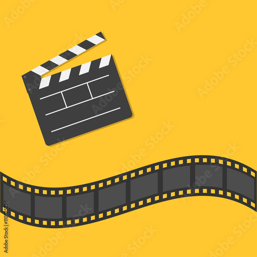 Open movie clapper board template icon. Film strip border. Cinema movie night icon in flat design style. Yellow background.