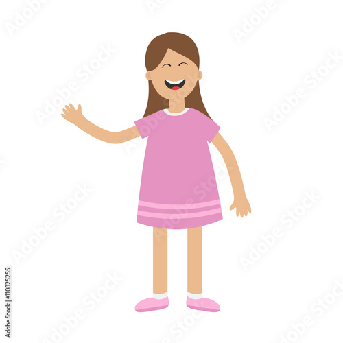 Girl waving hand Isolated. Happy child. Cute cartoon laughing character in violet dress. Smiling woman. White background. Flat design