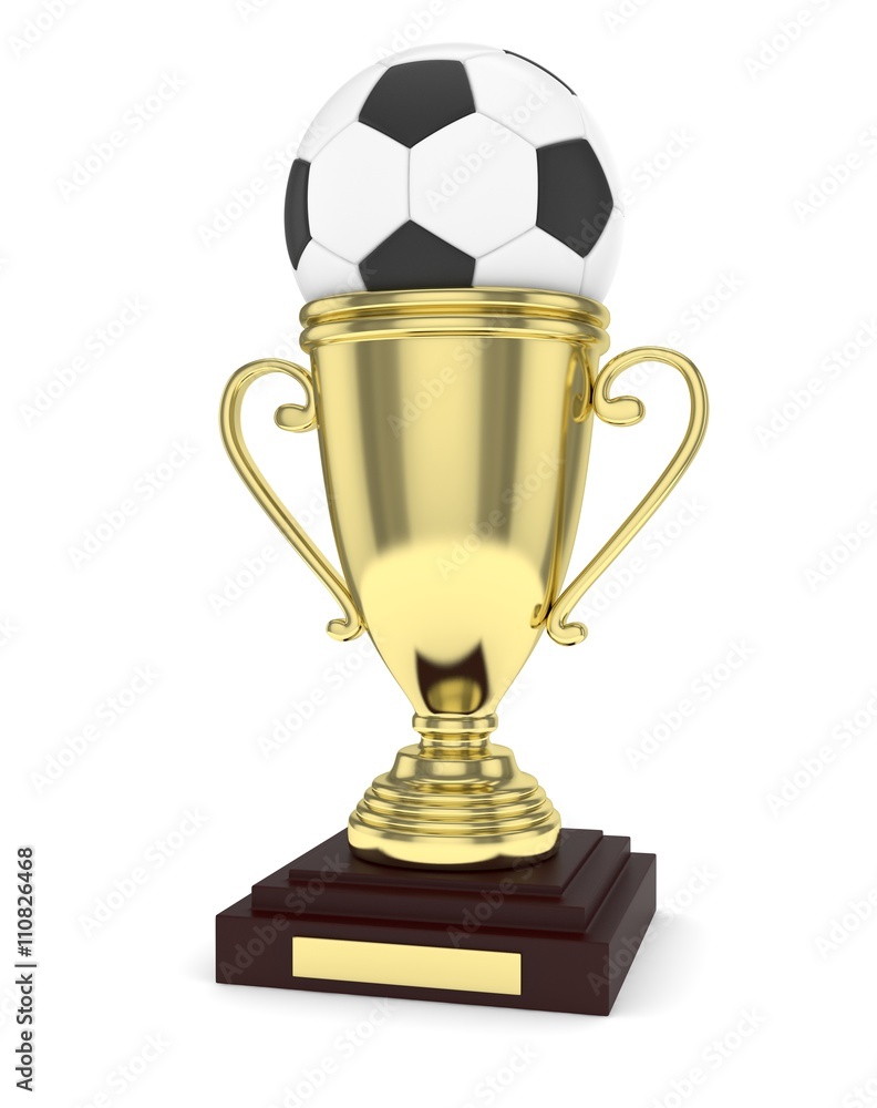Golden cup and ball on white background. 3D rendering.