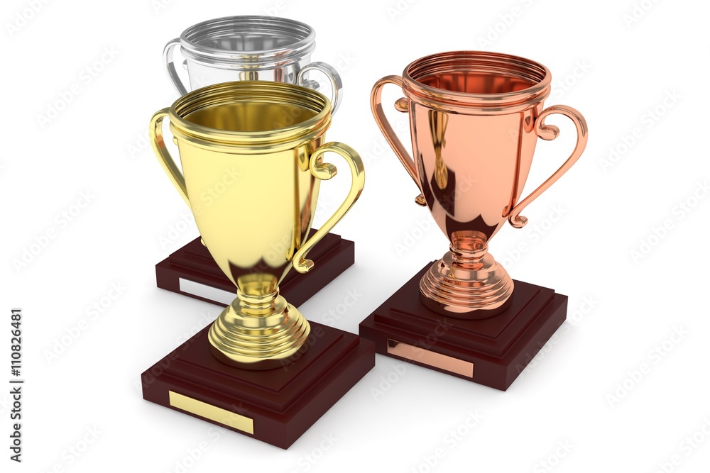 Three cups on white background. 3D rendering. Three cups on white background. 3D rendering.