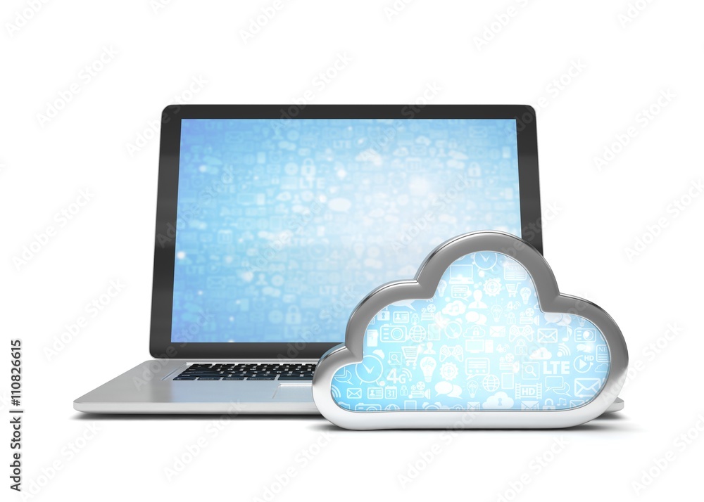 Laptop with cloud computing symbol. 3d render
