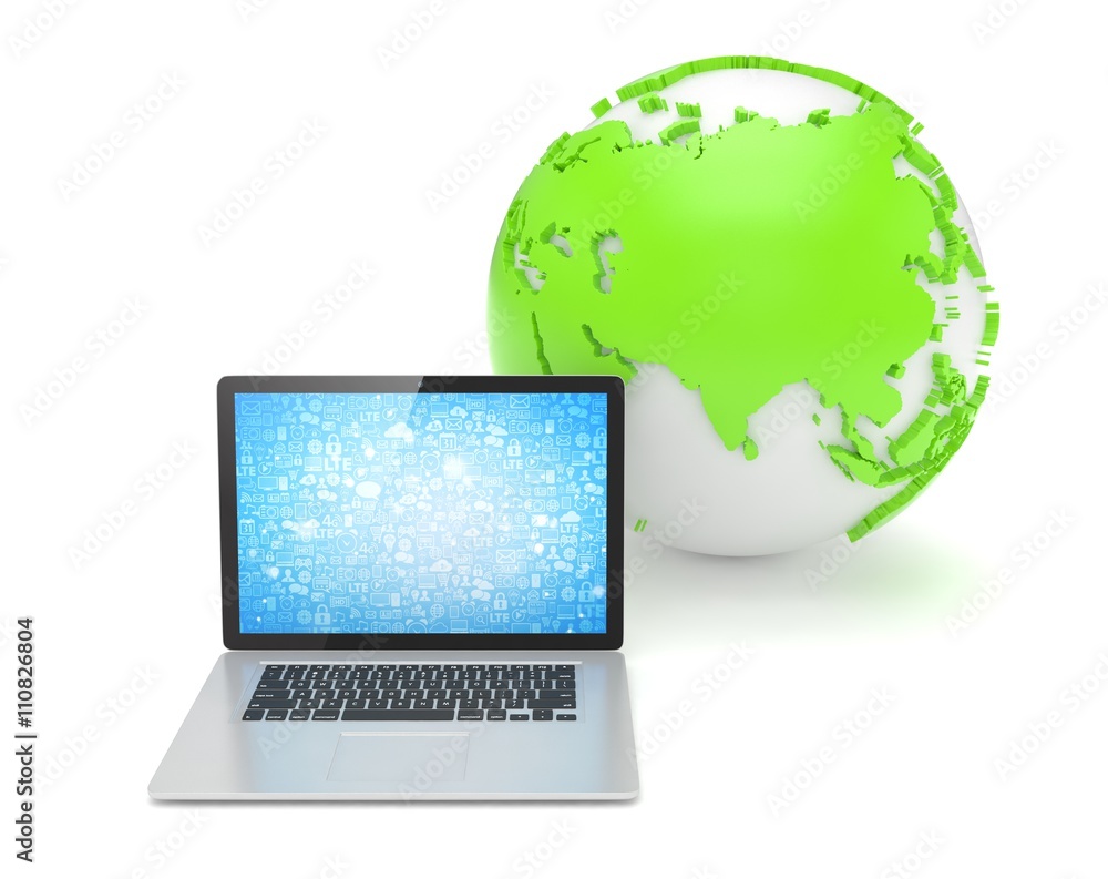 Laptop network and earth globe. 3d render Laptop network and earth globe. 3d render