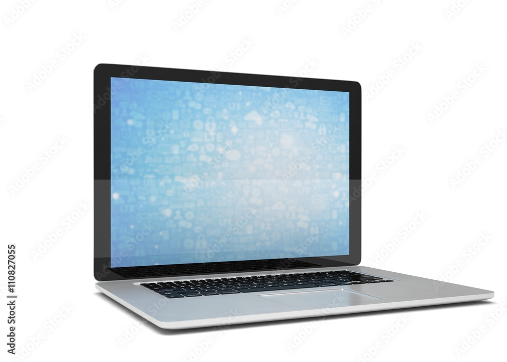 3d rendering of a laptop with blue wallpaper with app icon 3d rendering of a laptop with blue wallpaper with app icon