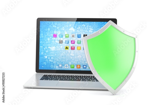 Free Download Laptop and shield on white, computer security concept. 3d rendering. - GFXLoad