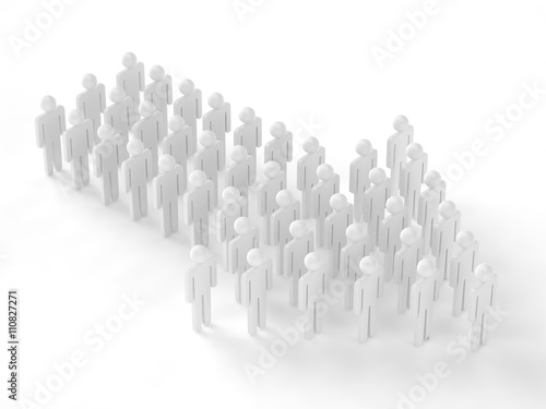 Many 3d people figure in arrow shape with the leader in front. 3d rendering.