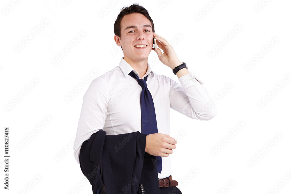Young Caucasian businessman smiling with mobile phone Young Caucasian businessman smiling with mobile phone