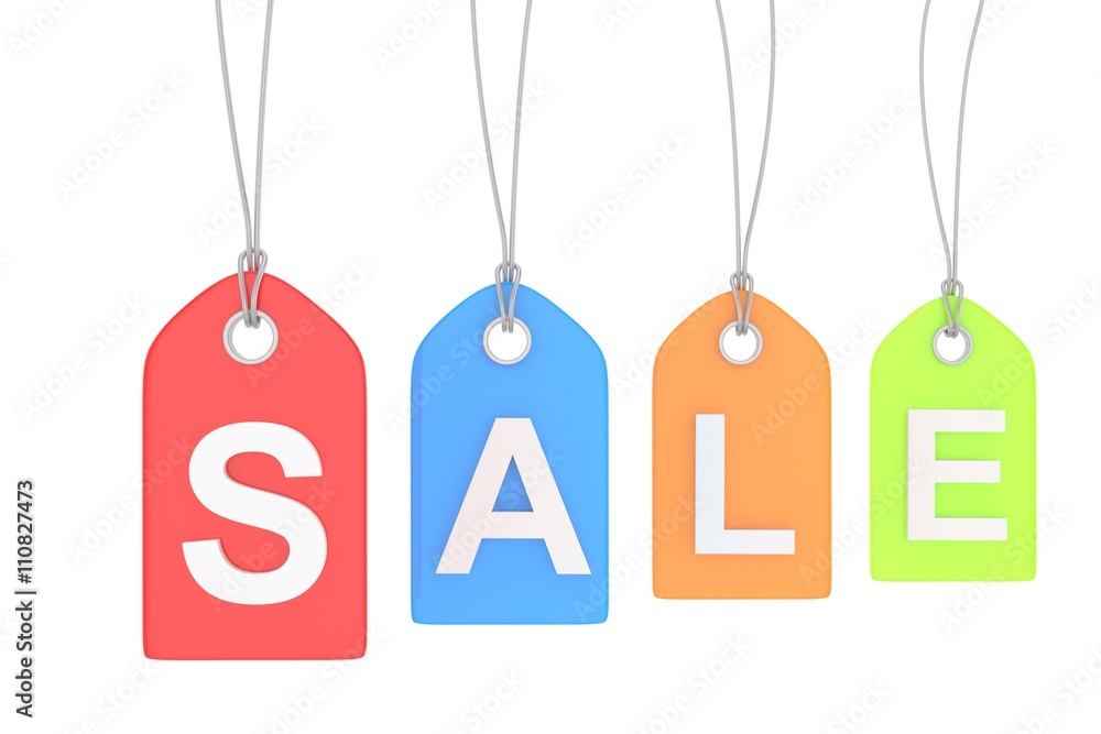 Colorful isolated sale labels on white background. Price tags. Special offer and promotion. Store discount. Shopping time. 3D rendering.