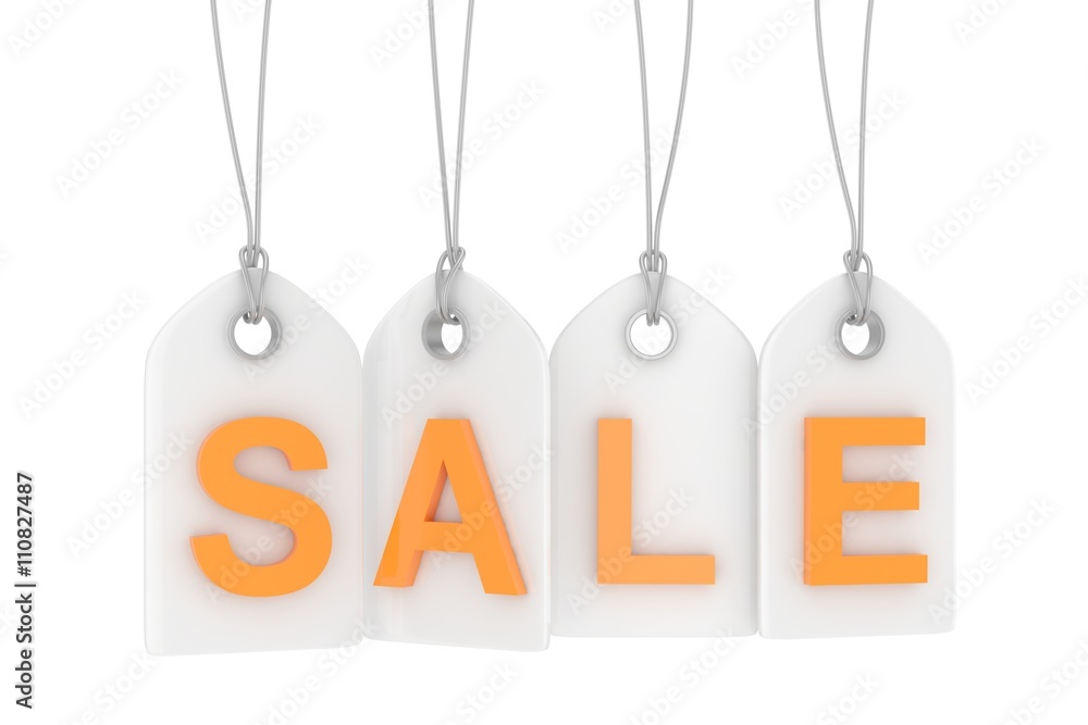 Colorful isolated sale labels on white background. Price tags. Special offer and promotion. Store discount. Shopping time. Orange letters on white labels. 3D rendering. Colorful isolated sale labels on white background. Price tags. Special offer and promotion. Store discount. Shopping time. Orange letters on white labels. 3D rendering.