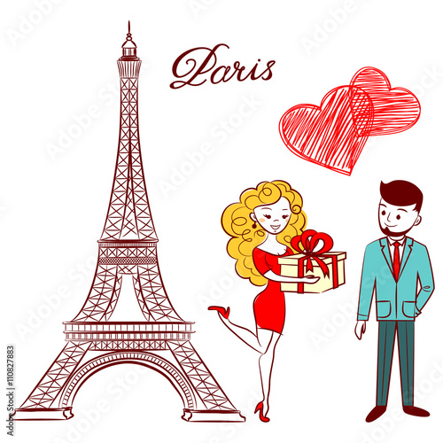 Sketch Eiffel Tower in love with a guy and girl with hearts and gifts. Vector illustration