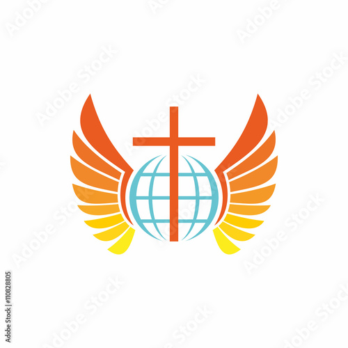 Church logo. Globe, world, Jesus' cross and angel wings.