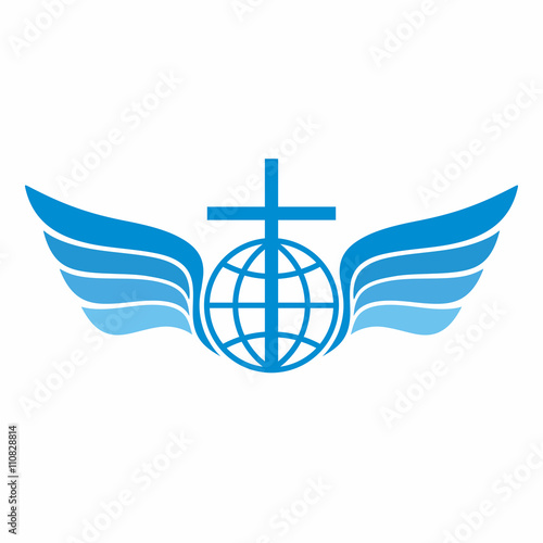Church logo. Globe, world, Jesus' cross and angel wings.