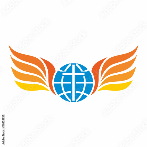 Church logo. Globe, world, Jesus' cross and angel wings.