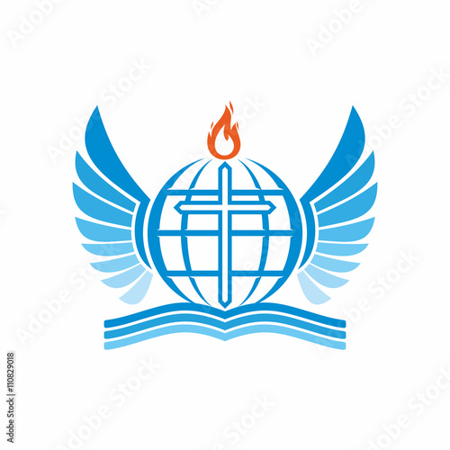 Church logo. Bible, cross, globe and the world, the flame of the Holy Spirit, and angel wings.