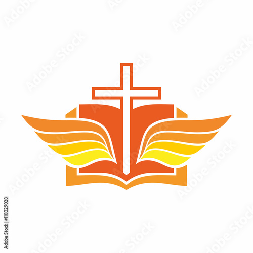 Church logo. Bible, Jesus' cross and angel wings.