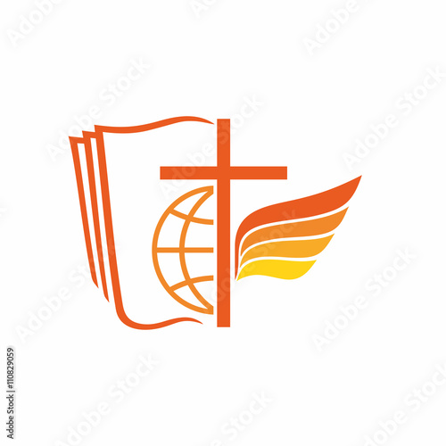 Church logo. The Bible, the Cross of Jesus, world, angel.