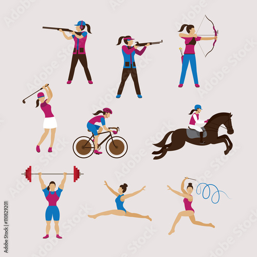 Sports Athletes, Women Set, Shooting, Archery, Golf, Cycling, Equestrian, Weightlifting, Gymnastics