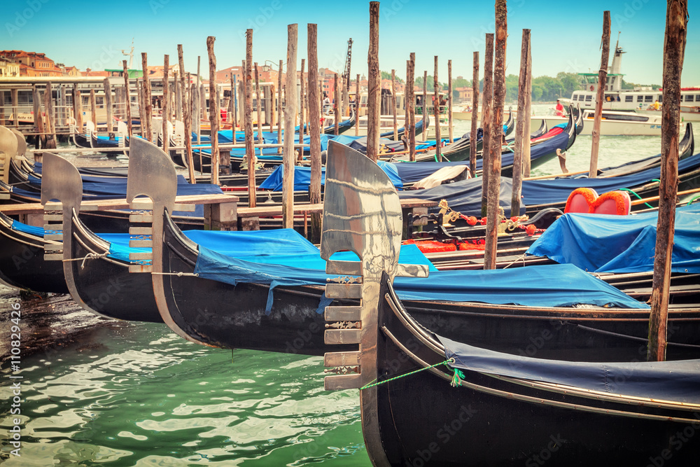 Gondolas parked near St. Marks Square of Venice, Italy
