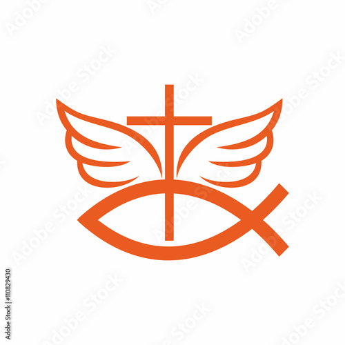 Church logo. The cross of Jesus Christ, the fish - a sign of the Lord, an angel's wings.