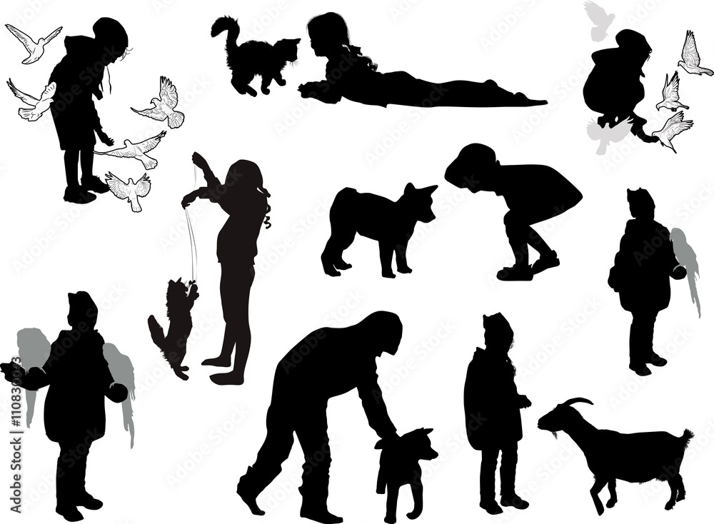 collection of playing girls and animals on white collection of playing girls and animals on white