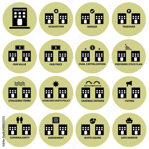Acquisition, merger and takeover strategy vector icon set
