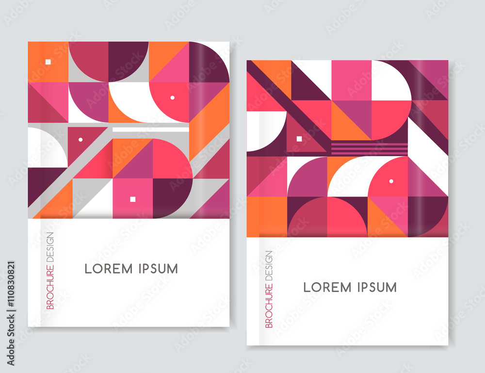 Cover design for Brochure leaflet flyer. Abstract geometric background. Pink, orange,white, gray triangle, squares and circles. A4 size. Vector EPS 10