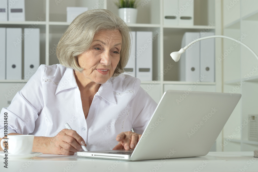 Elderly woman working on laptop Elderly woman working on laptop