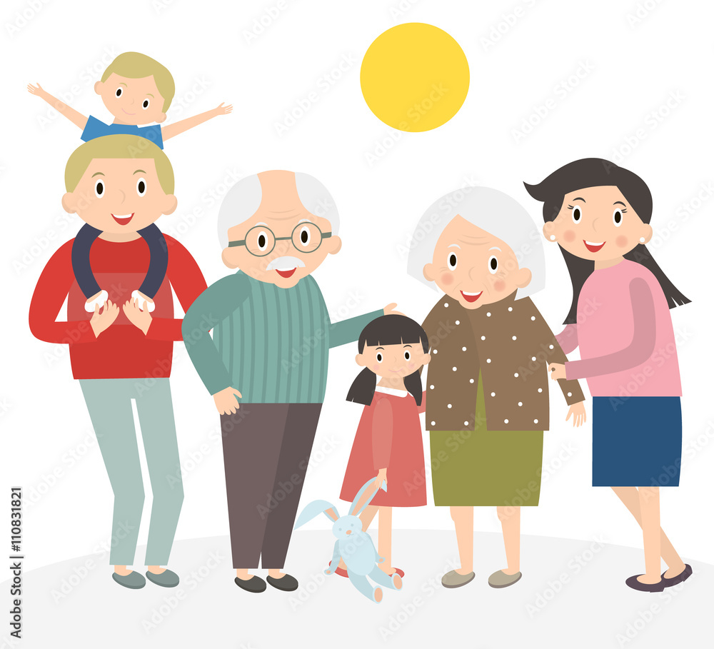 Happy family portrait. Father and mother, son and daughter, grandparents in one picture together. Family isolated on white. 3 generations together. Vector illustration. Happy family portrait. Father and mother, son and daughter, grandparents in one picture together. Family isolated on white. 3 generations together. Vector illustration.