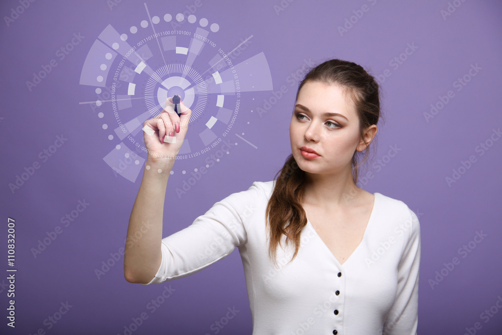 Future computer technology. Woman working with futuristic interface Future computer technology. Woman working with futuristic interface