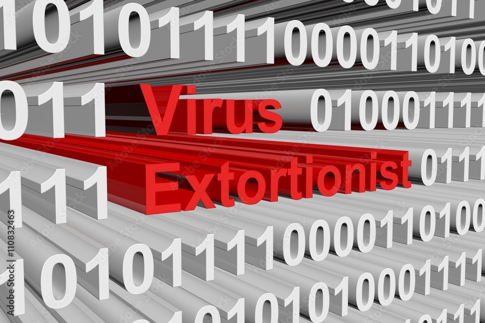 extortionist virus in a binary code 3D illustration