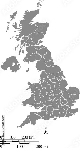 United Kingdom map vector outline with scales of miles in gray background