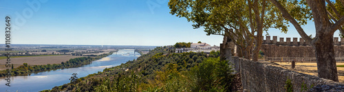 The Tagus River (Rio Tejo), the largest of the Iberian Peninsula, and the Leziria landscape seen from castle walls in Portas do Sol belvedere. Santarem, Portugal.