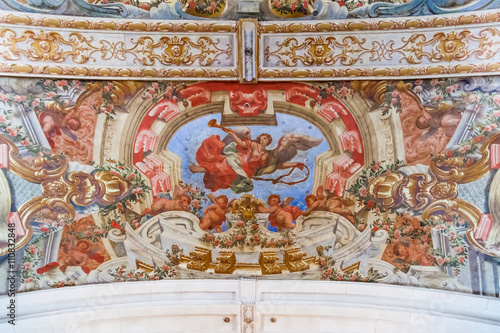 Baroque frescoes in the ceiling of Hospital de Jesus Cristo Church. 17th century Portuguese Mannerist architecture called Chao. Santarem, Portugal