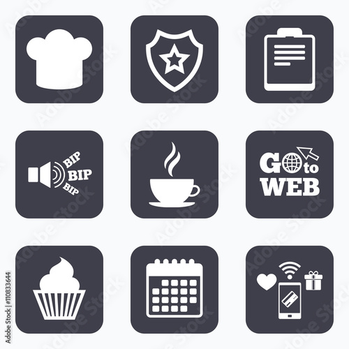 Coffee cup icon. Chef hat symbol. Muffin cupcake