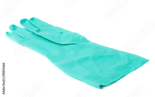 Rubber latex green glove over white isolated background