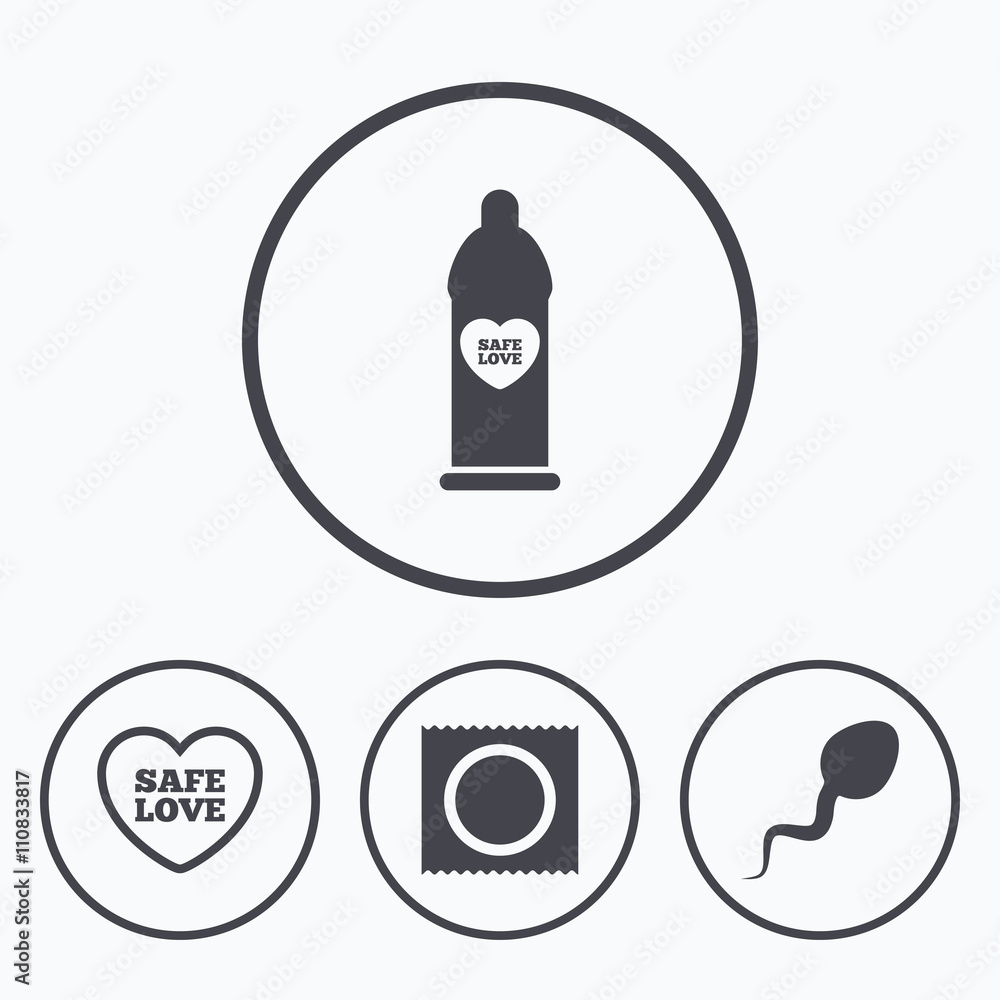 Safe sex love icons. Condom in package symbols. Safe sex love icons. Condom in package symbols.