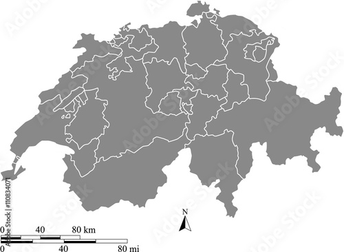 Switzerland map vector outline with scales of miles and kilometers in gray background photo