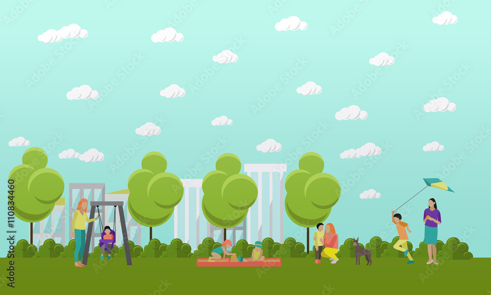 Family in park concept banner. People spending time with kids and friends. Vector illustration in flat style design