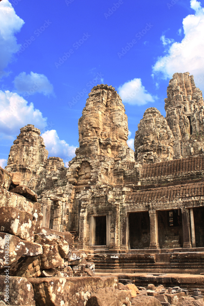 Giant stone face in Prasat Bayon Temple, Angkor Wat complex, Sie Giant stone face in Prasat Bayon Temple, Angkor Wat complex, Sie