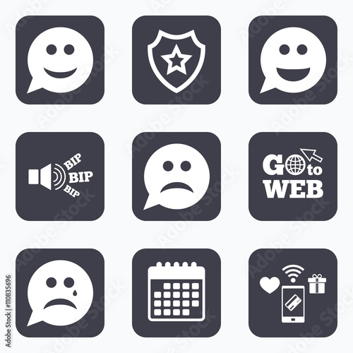 Speech bubble smile face icons. Happy, sad, cry.