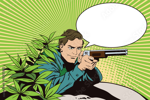 People in retro style. The hunter in an ambush.