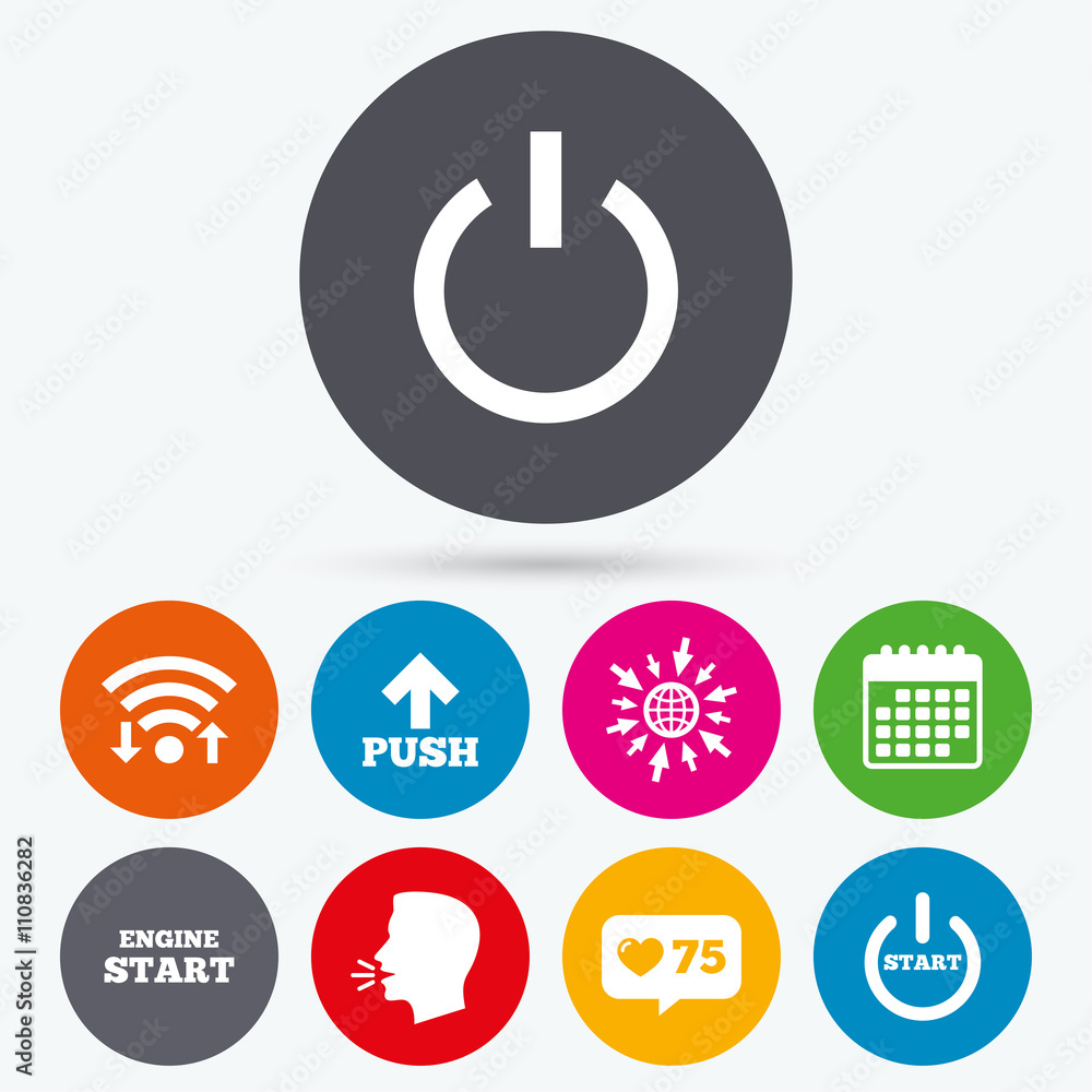 Power icons. Start engine symbol. Push arrow. Power icons. Start engine symbol. Push arrow.