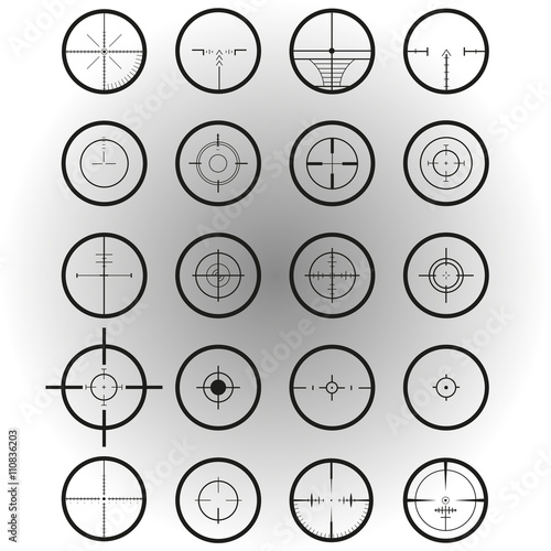 Crosshair icons set for computer games shooters or original mouse cursors pointers for computer programs. Circles and rounded squares buttons
