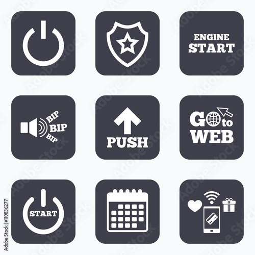 Power icons. Start engine symbol. Push arrow.